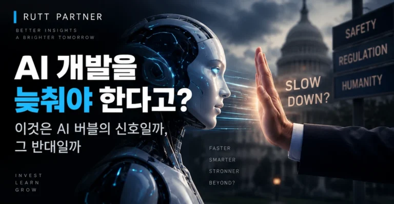 AI 개발 속도 조절 논쟁과 AI 버블 여부를 표현한 시장 브리핑 이미지