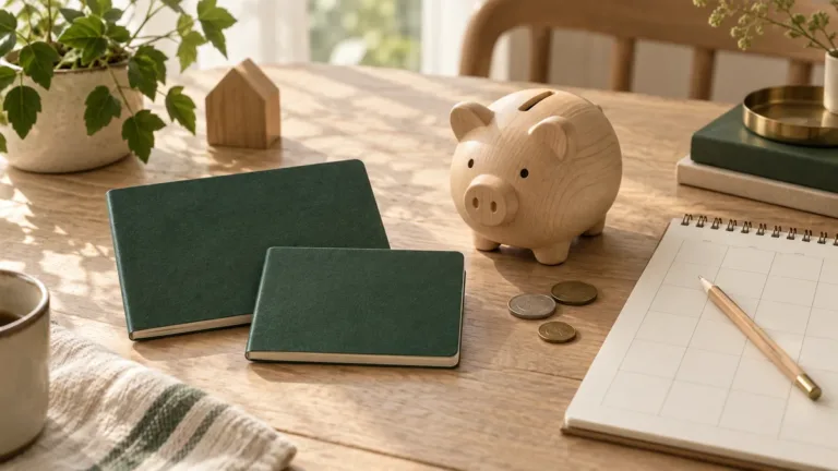 자녀 증여와 저축 교육을 상징하는 두 권의 초록색 노트와 나무 저금통
