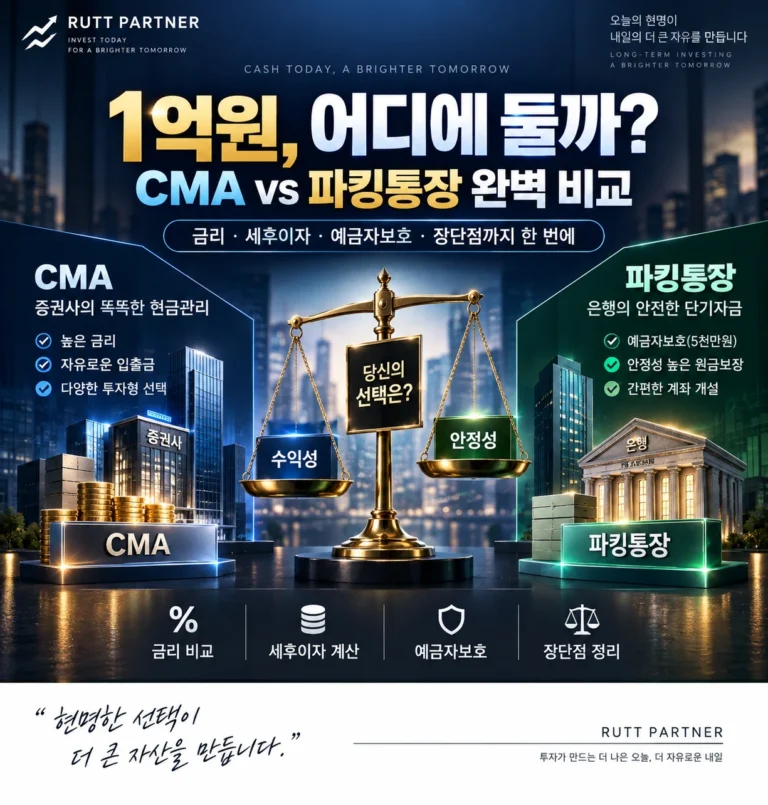 1억원 현금을 CMA와 파킹통장 중 어디에 둘지 금리 세후이자 예금자보호를 비교하는 이미지