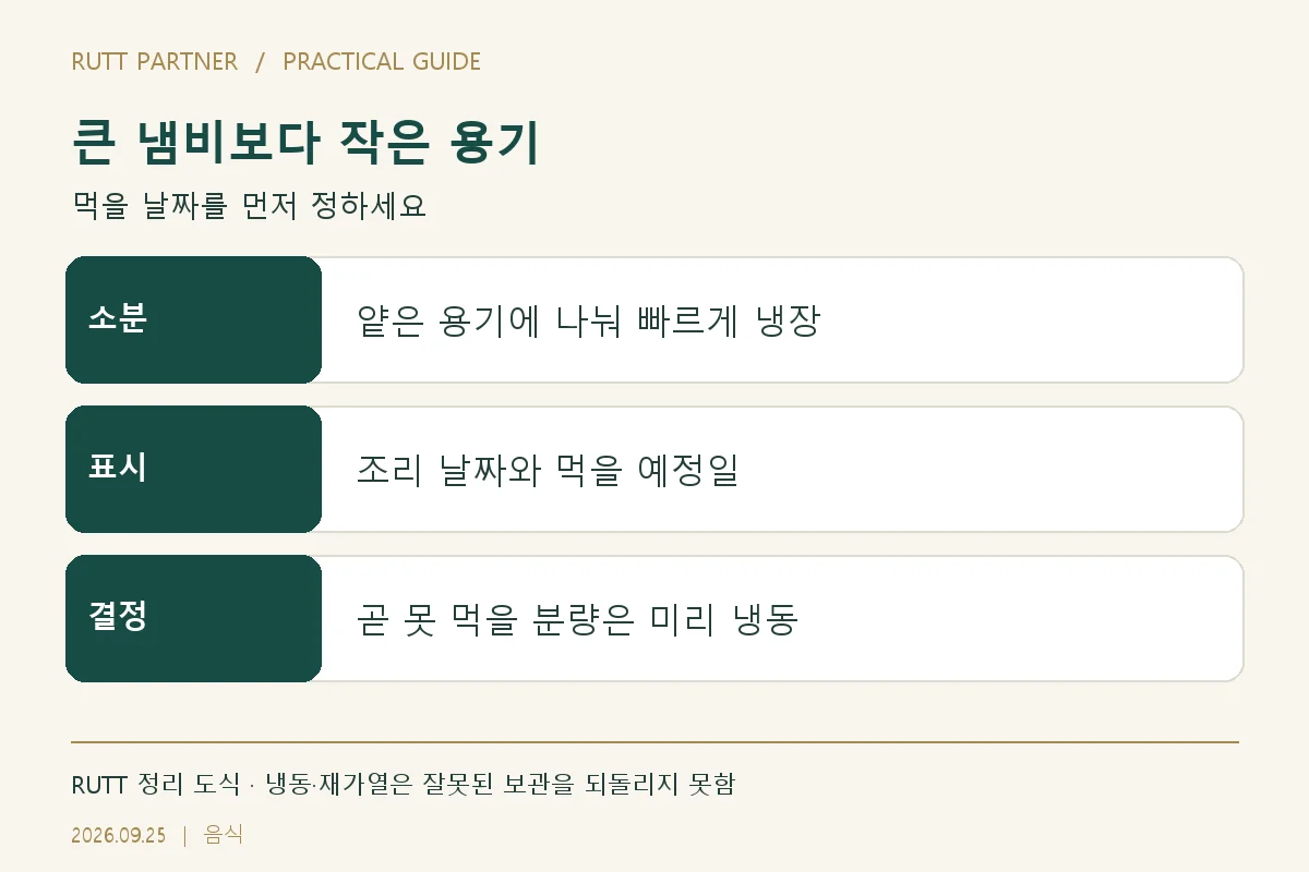 큰 냄비보다 작은 용기 — 소분: 얕은 용기에 나눠 빠르게 냉장; 표시: 조리 날짜와 먹을 예정일; 결정: 곧 못 먹을 분량은 미리 냉동