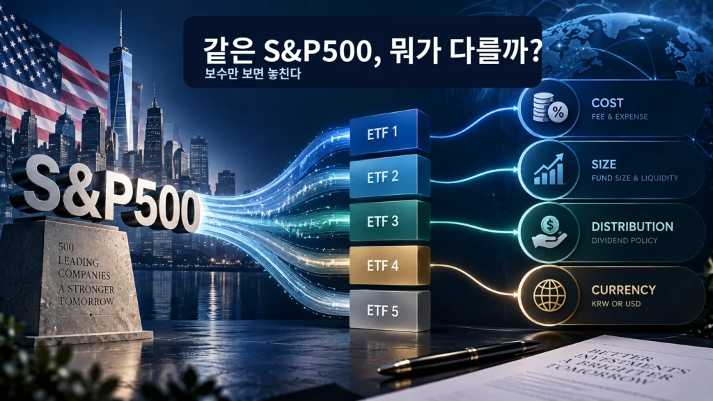 같은 S&P500을 추종하는 국내 ETF가 비용 규모 분배 환율 차이로 갈라지는 비교 이미지