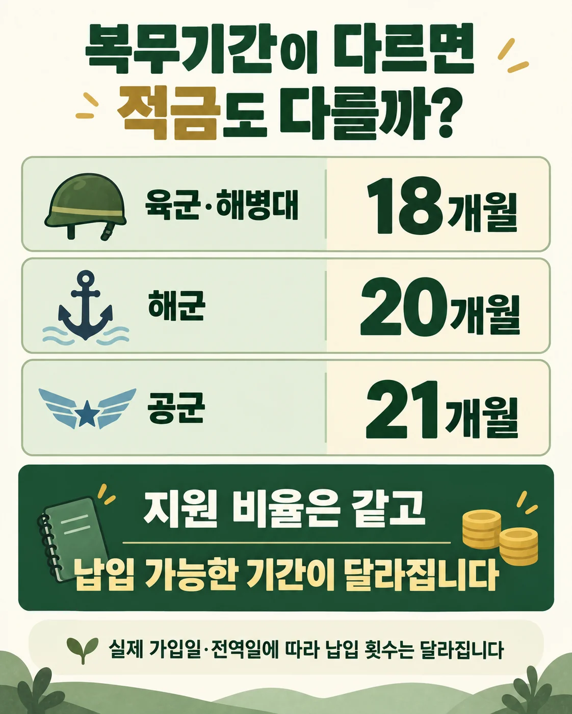 육군과 해병대 18개월, 해군 20개월, 공군 21개월의 적금 기간 비교