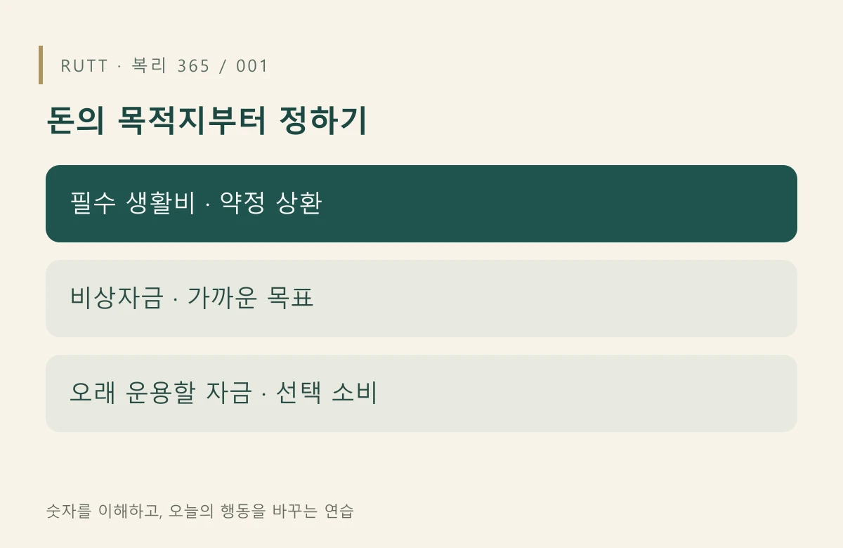 월급 관리의 출발점, 돈의 목적지부터 정하기: 필수 생활비 · 약정 상환 / 비상자금 · 가까운 목표 / 오래 운용할 자금 · 선택 소비