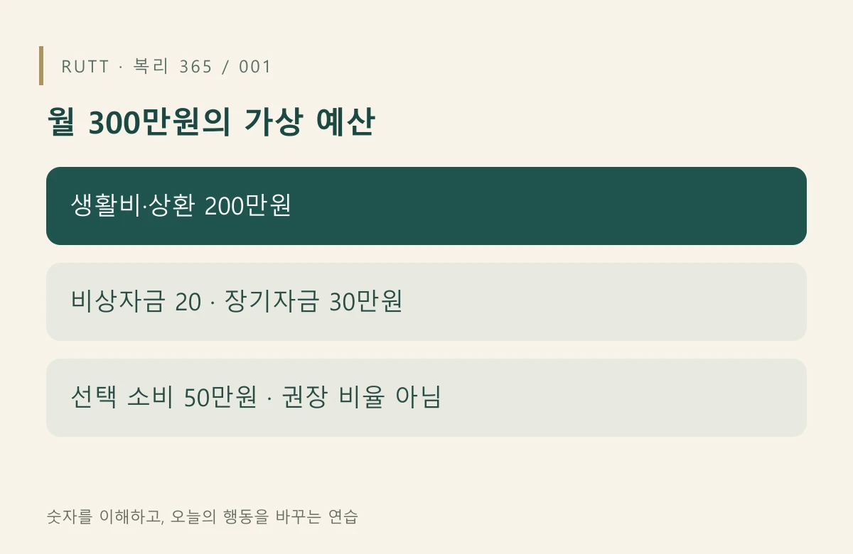 월 300만원의 가상 예산: 생활비·상환 200만원 / 비상자금 20 · 장기자금 30만원 / 선택 소비 50만원 · 권장 비율 아님