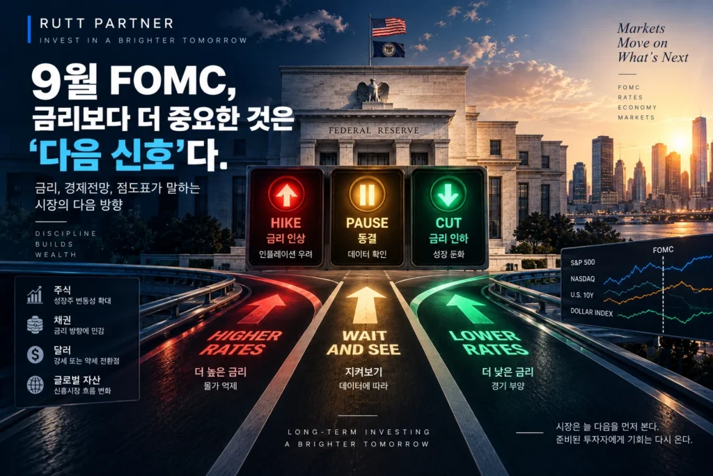 미국 연방준비제도 건물 앞에서 금리 인상 동결 인하 세 방향을 신호등으로 표현한 9월 FOMC 이미지