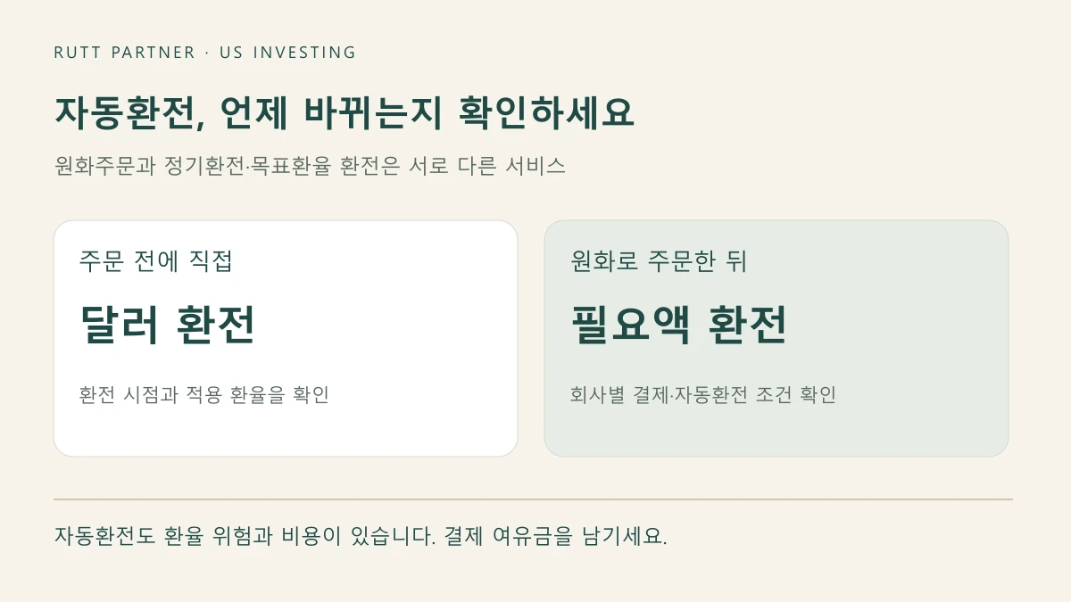 직접 달러를 환전하는 방식과 원화주문 후 필요한 달러를 자동환전하는 방식 비교