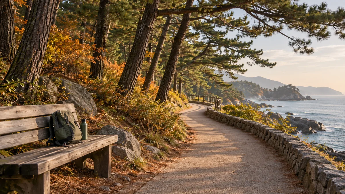 해안 소나무 숲 산책로 옆 벤치에 놓인 작은 배낭과 물병
