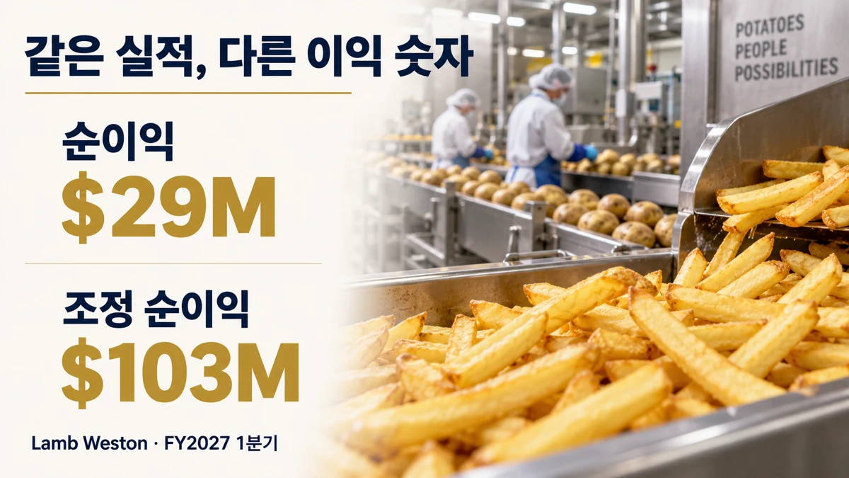 Lamb Weston 순이익 2900만 달러와 조정 순이익 1억300만 달러를 구분한 AI 설명 이미지